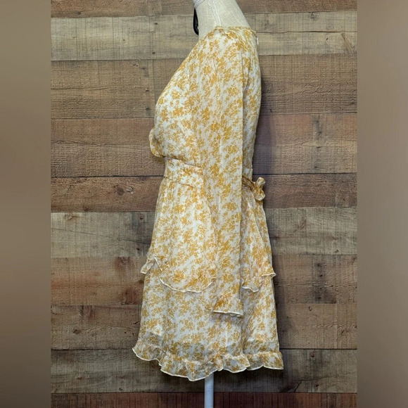 🌻 The Vintage Shop Yellow Tiered Ruffle Chiffon Floral Long Sleeve Mini size M - Picture 5 of 10